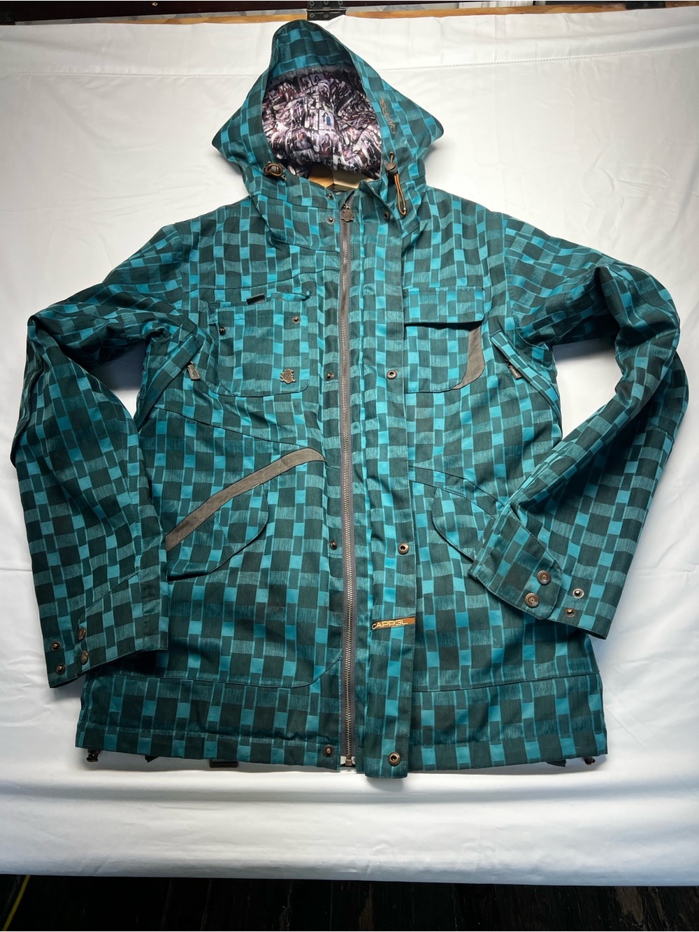 Men's Teal Checkered Ski Jacket with Hood